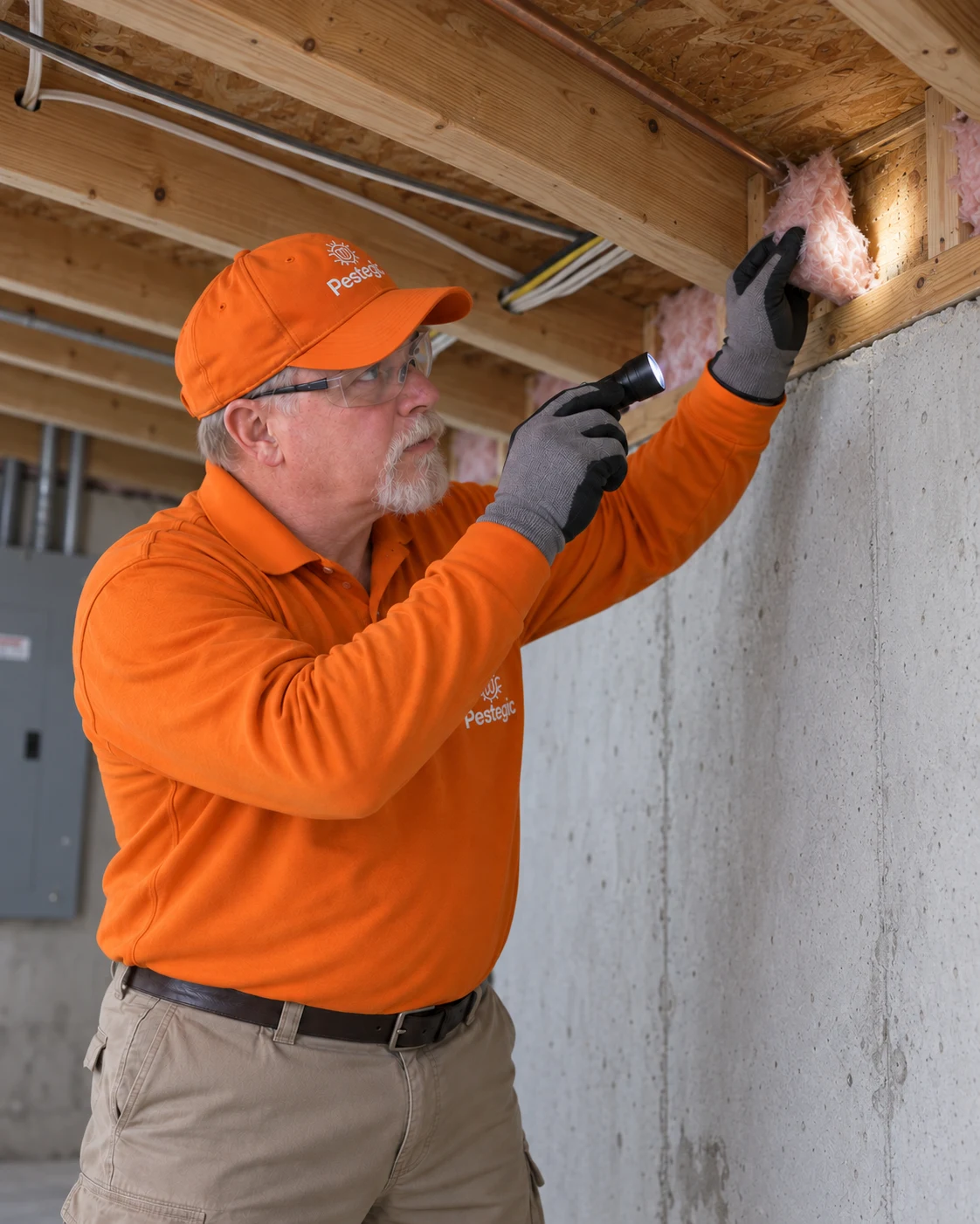 Pestegic technician inspecting behind insulation at a basement rim joist with a handheld flashlight.